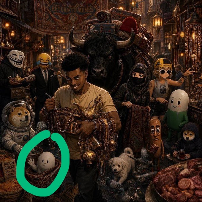 A highly detailed, surreal digital artwork depicting a crowded bazaar filled with internet meme characters including Doge in an astronaut suit, Trollface, Chad, a bull, and a "Return to Memes" sign.
