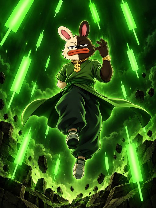 An animated illustration of a half-rabbit, half-donkey character wearing a green outfit, gold chains with a dollar sign, and sunglasses, posing against a green background with floating candles and rocks.