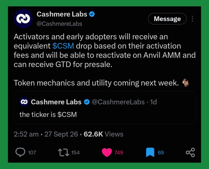 A tweet from Cashmere Labs (@CashmereLabs) announces that activators and early adopters will receive an equivalent $CSM drop, with token mechanics and utility coming next week. The post has 62.6K views and 749 likes.