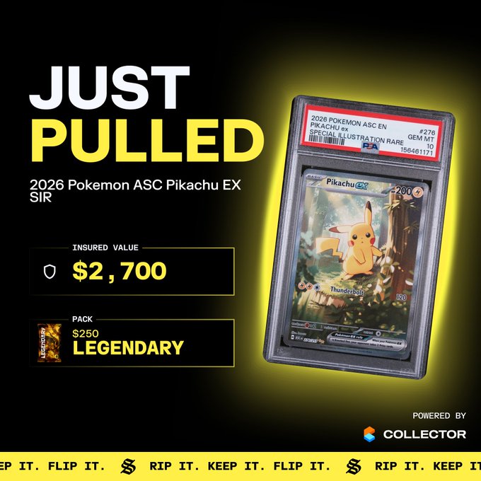 The image showcases a "JUST PULLED" announcement of a 2026 Pokemon ASC Pikachu ex SIR card, a PSA 10 GEM MT with an insured value of $2,700 from a $250 Legendary pack, highlighting a perfect-grade Pikachu pull that aligns with the post celebrating an immaculate Pikachu card.