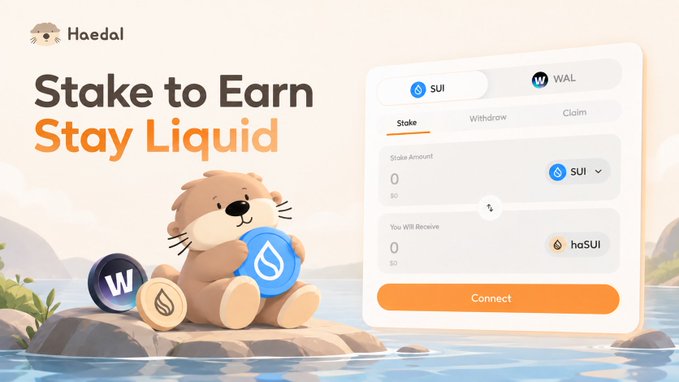 The image is a promotional graphic for Haedal, featuring a cartoon otter holding a blue SUI coin beside tokens labeled "W" and "S," with the headline "Stake to Earn Stay Liquid." On the right, a staking interface displays tabs for "Stake," "Withdraw," and "Claim," with toggle options between SUI and WAL tokens, showing a "Stake Amount" input of 0 SUI and a "You Will Receive" field of 0 haSUI, alongside a "Connect" button. The visual reinforces the post's message by illustrating how users can stake assets like SUI or WAL to receive liquid staking tokens (haSUI), keeping their capital usable across DeFi rather than locked away.