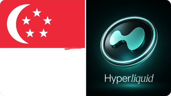 The image features the flag of Singapore alongside the glowing teal Hyperliquid logo and the word "Hyperliquid," visually representing the news that Singapore's Monetary Authority has flagged the crypto platform as unlicensed and added it to its Investor Alert List.