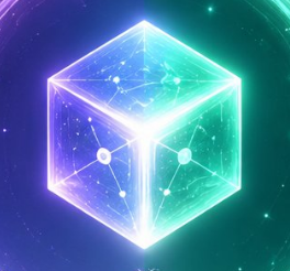 A glowing, translucent cube made of interconnected nodes and lines, set against a teal and purple cosmic background.