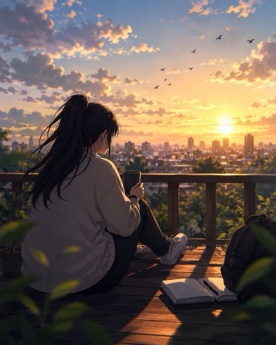 An anime-style illustration shows a girl with long dark hair sitting on a balcony at sunset, holding a cup while overlooking a city skyline with birds flying overhead.