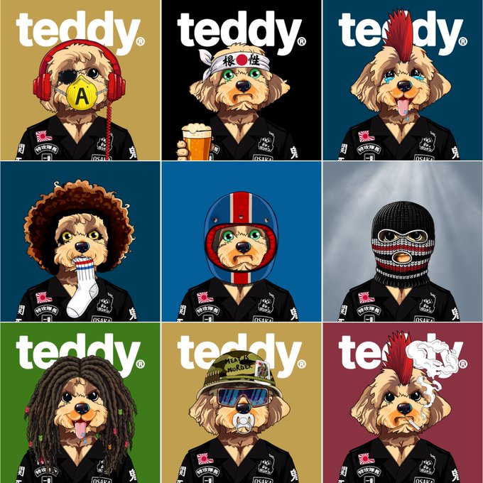 A 3x3 grid illustration features various teddy bear characters in different punk, rock, and pop culture personas, each wearing a black shirt and labeled with the 'teddy' logo.