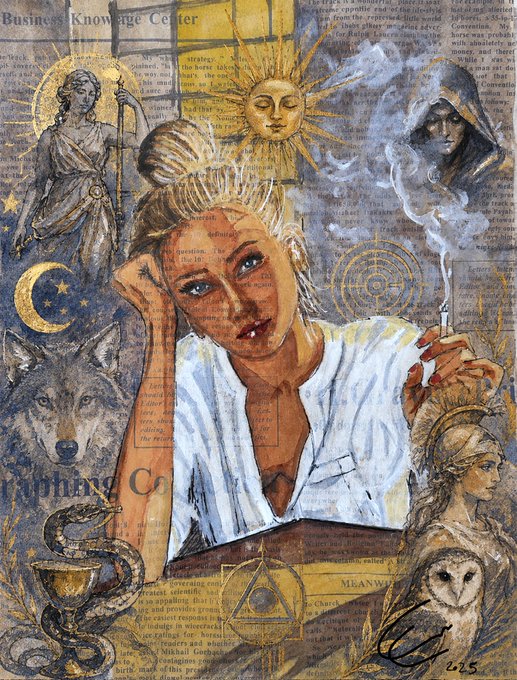 The image is a surreal mixed-media painting featuring a woman with a glowing sun for a headdress, surrounded by symbolic imagery including a wolf, owl, crescent moon, and celestial figures, all layered over what appears to be dictionary or encyclopedia text with visible watermarks reading "Business Knowledge Center." The artist's caption describes it as their first piece in a new "Journey Within" collection, symbolizing inner harmony between light (sun) and dark (moon/wolf) elements, offered as a 1/1 XRP digital collectible.