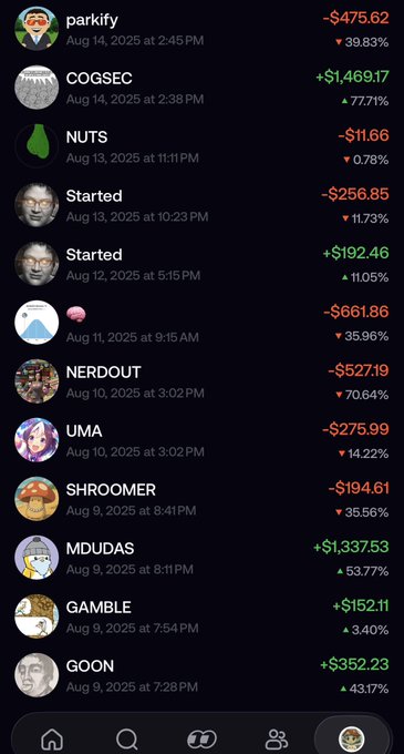 A screenshot of a trading app showing a list of recent trades by user "parkify," including positions like COGSEC (+$1,469.17, 77.71%), MDUDAS (+$1,337.53, 53.77%), and parkify (-$475.62, 39.83%), among others, illustrating a year of trading activity on the FOMO platform.
