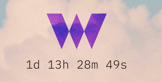 A minimalist countdown timer showing '1d 13h 28m 49s' against a cloudy sky background with a stylized purple 'W' logo above the time.