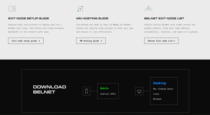 A webpage showing guides for 'EXIT NODE SETUP GUIDE', 'MN HOSTING GUIDE', and 'BELNET EXIT NODE LIST', along with download options for Belnet on Mobile (Android APK) and Desktop (Mac, Linux, Windows).