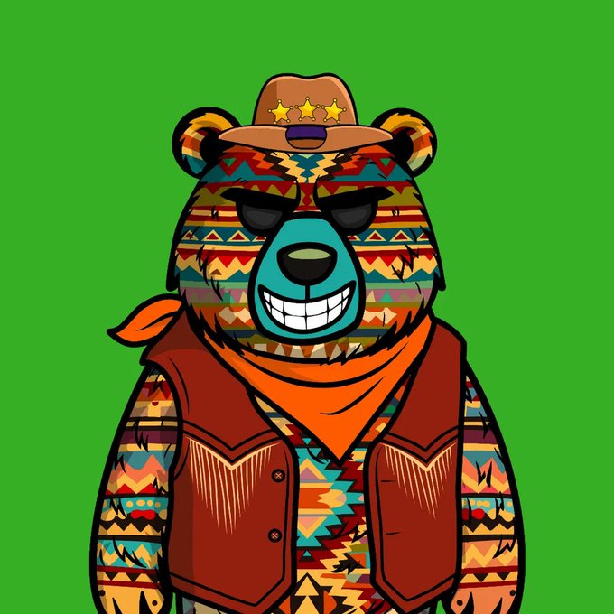 A colorful cartoon illustration depicts a smiling bear wearing sunglasses, a cowboy hat, a bandana, and a vest, featuring vibrant geometric patterns on its fur against a green background.