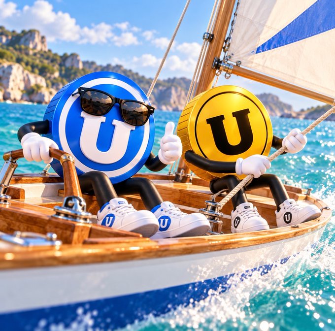 A whimsical 3D illustration of two coin characters — a blue 'U' coin wearing sunglasses and a gold 'U' coin — sailing on a small boat with a blue and white sail, giving thumbs up while wearing 'U'-branded sneakers.