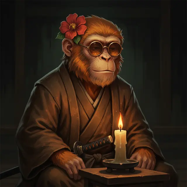 A digital illustration of a chimpanzee wearing round glasses and a dark robe with a red hibiscus flower on its head, sitting beside a lit candle and a katana sword.