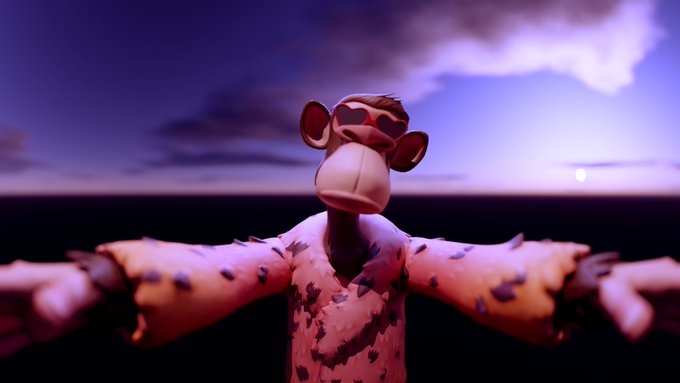 A 3D-rendered cartoon monkey with sunglasses and a blood-spattered shirt stands with arms outstretched against a purplish sky.