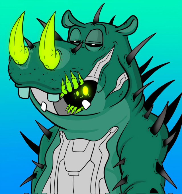 A cartoon green monster with spiky teeth, a large head, and a big smile is shown eating something out of another creature's mouth. The monster has a happy expression as it enjoys its meal. The image also includes text that reads "Happy first week of Summer! #MondayBonanza @AlgoisTheWay #NFT".