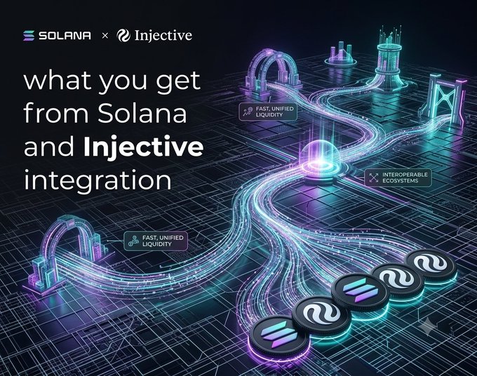 A promotional graphic highlights the Solana × Injective integration, emphasizing fast unified liquidity and interoperable ecosystems with neon-lit bridge imagery.