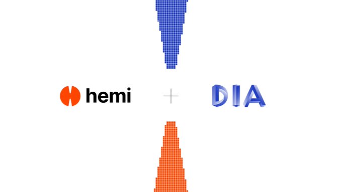 A logo for Hemi and DIA is displayed against a white background with red and orange lines intersecting in the center. The Hemi logo is positioned above the intersection of the two red lines, while the DIA logo is located below them. Both logos are in the same size and color scheme, creating a harmonious visual effect on the white surface.