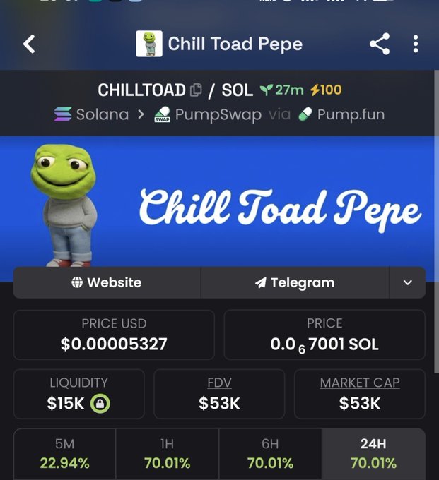 A screenshot of the Chill Toad Pepe ($CHILLTOAD) token page on a crypto tracking app, showing it trading at $0.00005327 (0.67001 SOL) on PumpSwap via Pump.fun with a $53K market cap, $15K liquidity, and gains of 70.01% across 1H/6H/24H, reflecting the post's bullish "TIME TO COOK" rally narrative.
