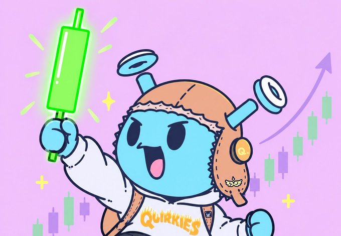 An illustrated blue cartoon character wearing an 'Oh! Quirkies' hoodie and a fuzzy hat holds a glowing green popsicle, with a candlestick chart and upward arrow in the background.