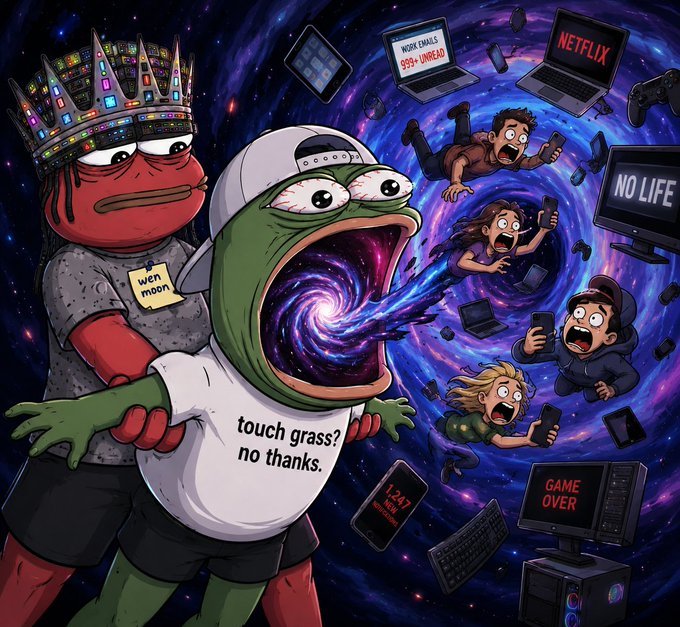 A meme illustration featuring a Pepe the Frog character in a white cap with an open mouth forming a cosmic vortex, holding another frog character, surrounded by people being sucked into devices labeled 'NETFLIX', 'NO LIFE', and 'GAME OVER'.