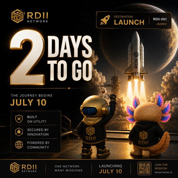 A promotional poster for 'RDII Network' announcing '2 DAYS TO GO' until launch on July 10, featuring a rocket, an astronaut mascot, and a bird-like character, with hashtags 'Built on Utility', 'Secured by Innovation', and 'Powered by Community'.
