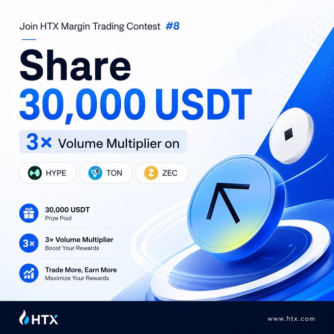 The image is a poster promoting an upcoming trading contest that involves hedge funds. It features blue text against a white background announcing "Join HTX Margin Trading Contest #8 Share 30,000 USDT 3x Volume Multipler on TON, VEX, and TEN". A small clock is located in the middle of the poster. The main focus is placed on the phrase "Newcomer Bonus: Complete your first margin", indicating that this contest offers a chance to learn from others and potentially make money by managing positions in the market.