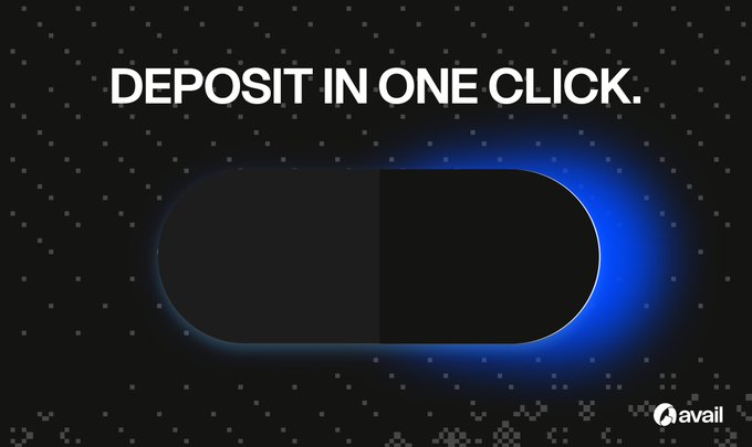An advertisement with the text 'DEPOSIT IN ONE CLICK.' above a glowing blue and black toggle switch graphic, with the 'Avail' logo in the bottom corner.