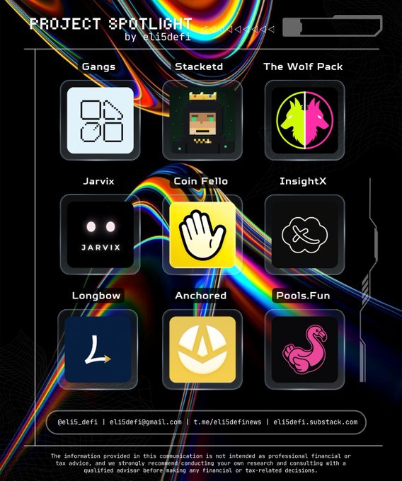 A 'Project Spotlight by eli5defi' graphic showcasing crypto projects in a 3x3 grid including Gangs, Stackd, The Wolf Pack, Jarvix, Coin Fello, InsightX, Longbow, Anchored, and Pools.Fun, with contact info for @eli5_defi.