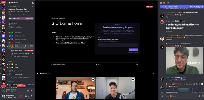 A screenshot of a Discord video call and chat interface, showing the 'Starborne Community Call' with a sign-up form and active users in the sidebar chat.