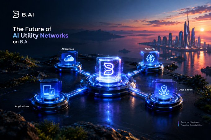 Promotional graphic for B.AI titled 'The Future of AI Utility Networks,' depicting a futuristic coastal city with holographic nodes representing Applications, AI Services, AI Agents, and Data & Tools connected to a central hub.