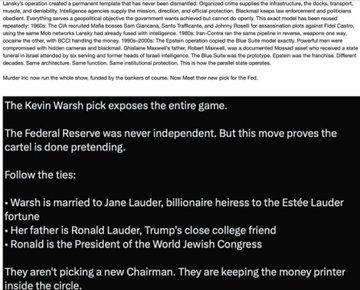 An article by Kevin Warsh titled "The Kevin Warsh pick exposes the entire game," criticizing the Federal Reserve, with follow-the-ties bullet points mentioning Jane Lauder, Ronald Lauder, and the Estée Lauder fortune.