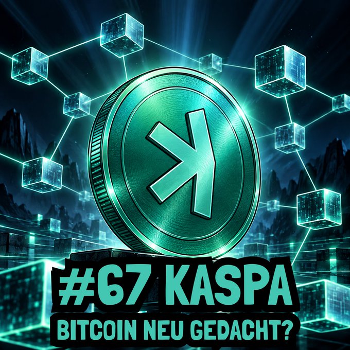 A cryptocurrency graphic featuring a large teal Kaspa (KAS) coin surrounded by glowing blockchain cubes, with text '#67 KASPA BITCOIN NEU GEDACHT?'.
