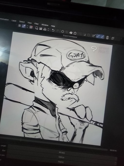 A digital drawing on a tablet screen in animation software depicting an older bearded character wearing a cap with 'GOATS' written on it.