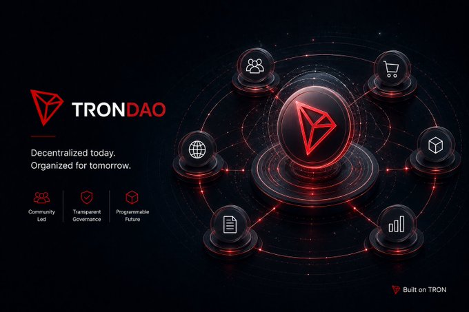 A promotional graphic for 'TRON DAO' features the tagline 'Decentralized today. Organized for tomorrow.' with icons for Community Led, Transparent Governance, and Programmable Future.
