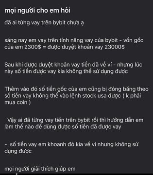 A screenshot of a Vietnamese social media post asking for advice on how to use a $23,000 Bybit loan to invest in US stocks.
