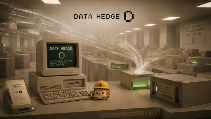 A retro-futuristic digital art piece titled 'DATA HEDGE' depicting an old computer terminal in a warehouse setting, with text including 'PRIVATE BY DEFAULT', 'USEFUL BY DESIGN', and 'CONTRIBUTE, EARN, OWN YOUR DATA'.