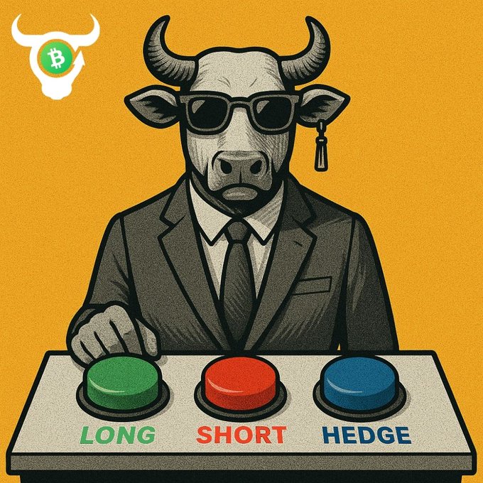 An illustration of a bull wearing sunglasses and a business suit, pressing a green "LONG" button, with red "SHORT" and blue "HEDGE" buttons nearby, and a Bitcoin-themed bull logo in the corner.