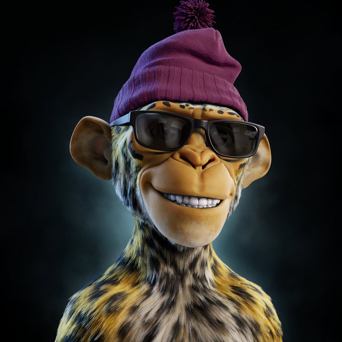 A 3D-rendered anthropomorphic cheetah character wearing sunglasses and a purple beanie with a pom-pom smiles against a dark background.