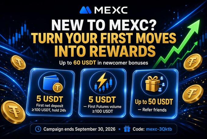 A promotional banner for MEXC exchange offering new user bonuses, featuring gold coins and a green upward arrow, with details including '5 USDT First net deposit', '5 USDT First Futures volume', and 'Up to 50 USDT — Refer friends', with a code 'mexc-3Qktb'.