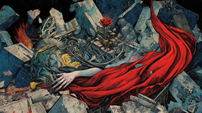 A dramatic illustrated scene depicts a figure with flowing red fabric lying amid rubble, with a single red rose standing out among the destruction.