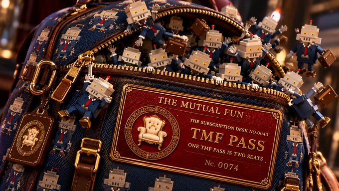 A close-up of a bag with a 'THE MUTUAL FUN' label marked 'No. 0074' and 'ONE TMF PASS IS TWO SEATS', featuring small robot figures and a chair emblem.