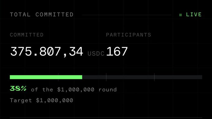A fundraising progress tracker showing TOTAL COMMITTED at 375,807.34 USDC with 167 participants, currently at 38% of the $1,000,000 round target.