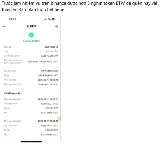 A Binance wallet interface screenshot shows a BTW token transaction history displaying a balance of 22,393,355 BTW tokens at a market price of 0.398 USDT, with completed buy orders dating to August 2026. The caption highlights the caption's story of someone who received 3,000 BTW tokens for a task and later discovered them valued at over 33 million, making the image serve as visual "proof" of this viral crypto windfall claim.