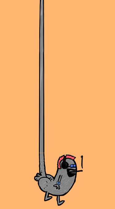Cute cartoon illustration of a small grey character wearing sunglasses and an American flag cap, clinging to a tall vertical pole against an orange background.