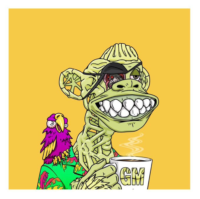 A cartoon illustration of a skeletal monkey wearing an eyepatch and Hawaiian shirt, holding a "GM" coffee mug, with a purple parrot perched on its shoulder against a yellow background.