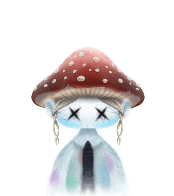 An artistic illustration of a blue-skinned figure with X's for eyes wearing a red mushroom cap with white spots.