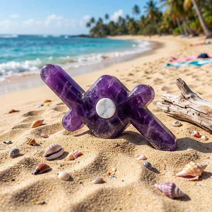 A large purple crystal shaped like a stylized 'X' or cross rests on a sandy beach scattered with seashells, with the ocean and palm trees in the background.