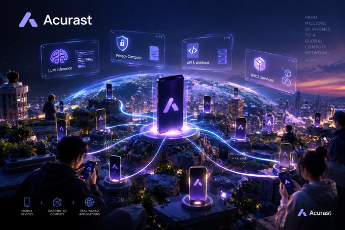 A promotional graphic for 'Acurast' depicts phones connected to a global compute network, highlighting features like LLM Inference, Privacy Compute, API & Webhook, and Web3 Services.