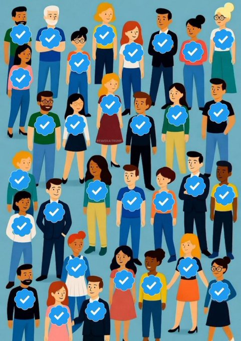 A colorful illustration depicts a diverse group of people, each displaying a blue verified checkmark badge, symbolizing community membership and recognition. The image ties into the post's greeting by visually representing the welcoming, verified audience being acknowledged with a friendly "Hi."