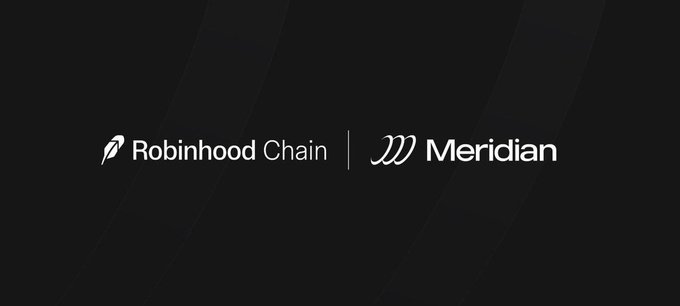 The image displays a partnership announcement featuring the Robinhood Chain and Meridian logos side by side on a black background. This visual supports the post's news that Meridian's perps are migrating to Robinhood Chain.
