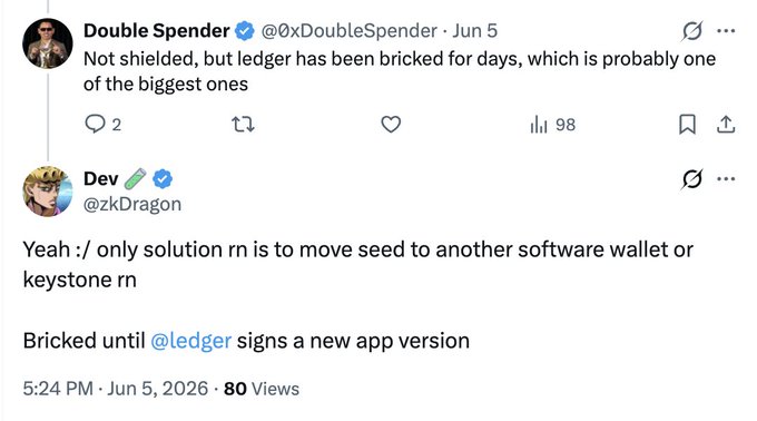 In the image, there's a social media post with an accompanying screenshot of an app called @Zcash & @zodl_app . The screenshot displays a question about privacy and the solution for moving into a new app version to ensure security. The text in the caption indicates that the app is from ZODL or double spending server, which could be a keystone wallet service.